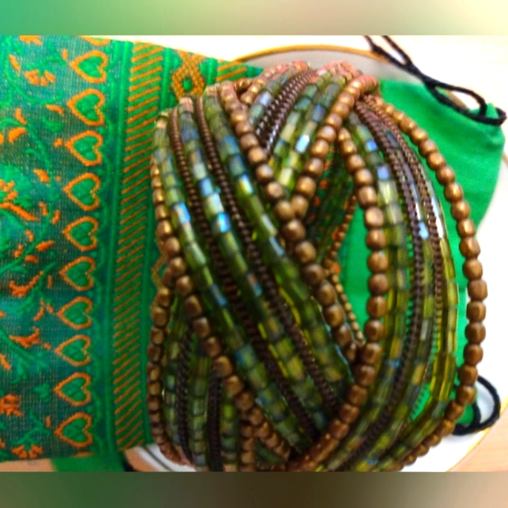 Emerald bead bracelet cuff with gift bag.